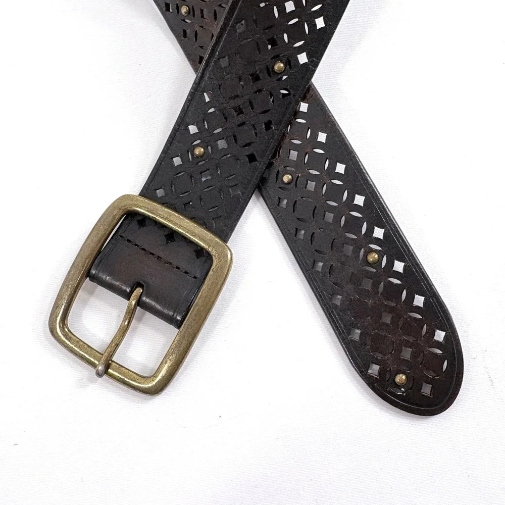 Gap Belt Dark Brown Leather Laser Cut‎ Studded Brass Buckle Wide Women L